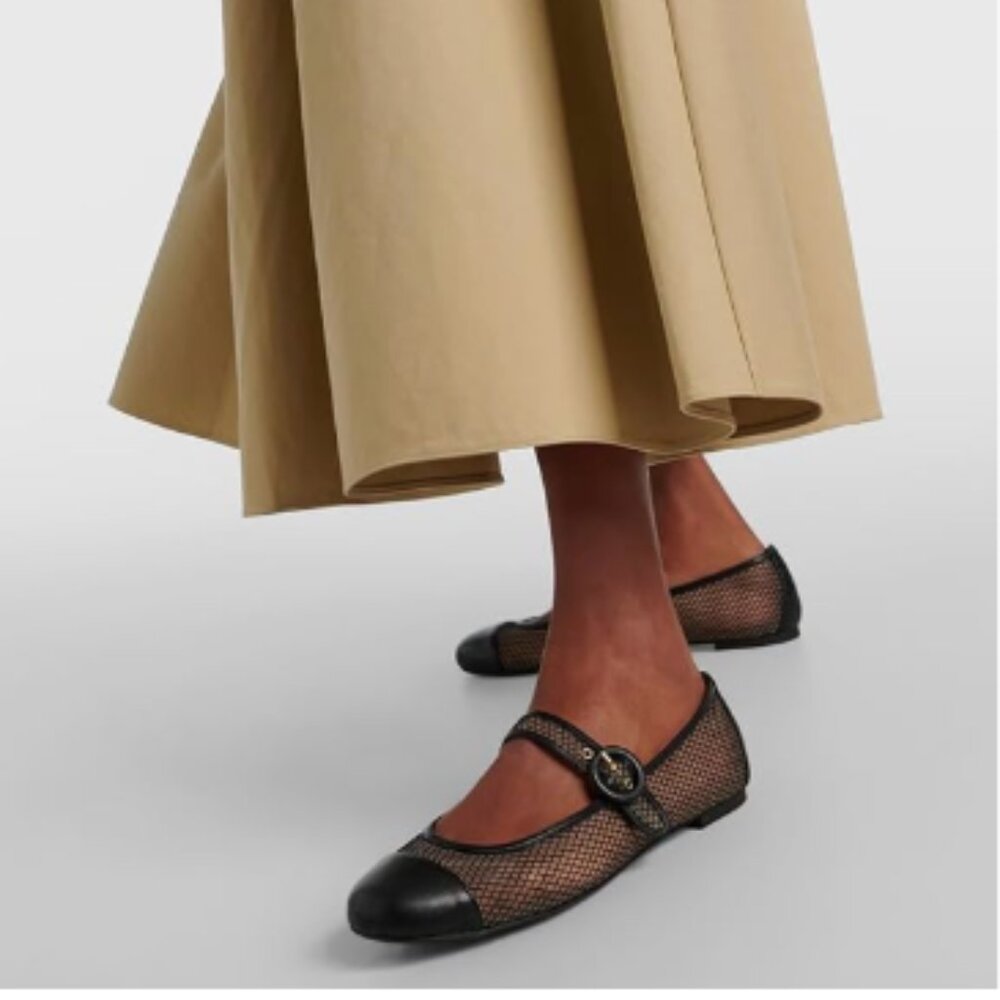 miss left Black Unique Round Cap Toe Mesh Ballet Flat Strap Buckle Two Tone Flat